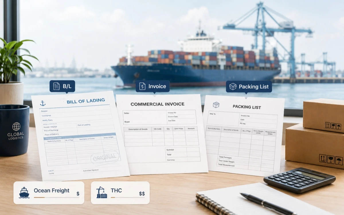 Sea freight documents including bill of lading, commercial invoice, packing list, ocean freight and THC cost items Sea freight documents including bill of lading, commercial invoice, packing list, ocean freight and THC cost items